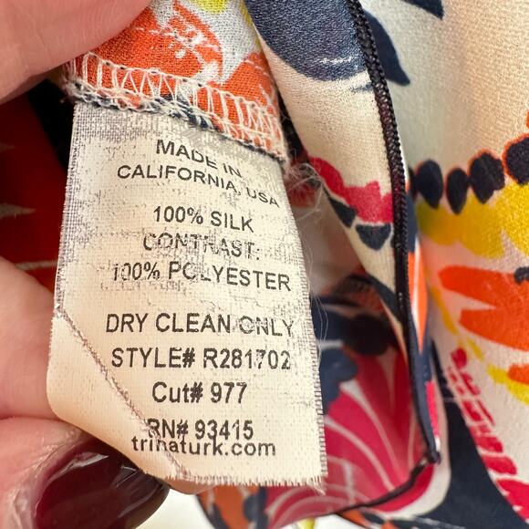 Trina Turk Tunic Blouse Top Silk Floral Bright Blue Orange Yellow Pink Med Boho - Picture 8 of 9